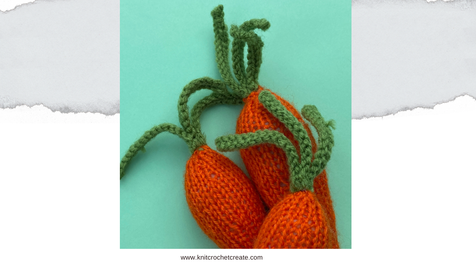 knitted carrots with orange yarn for main carrot, green for stalks. Made from my free knitted carrots pattern