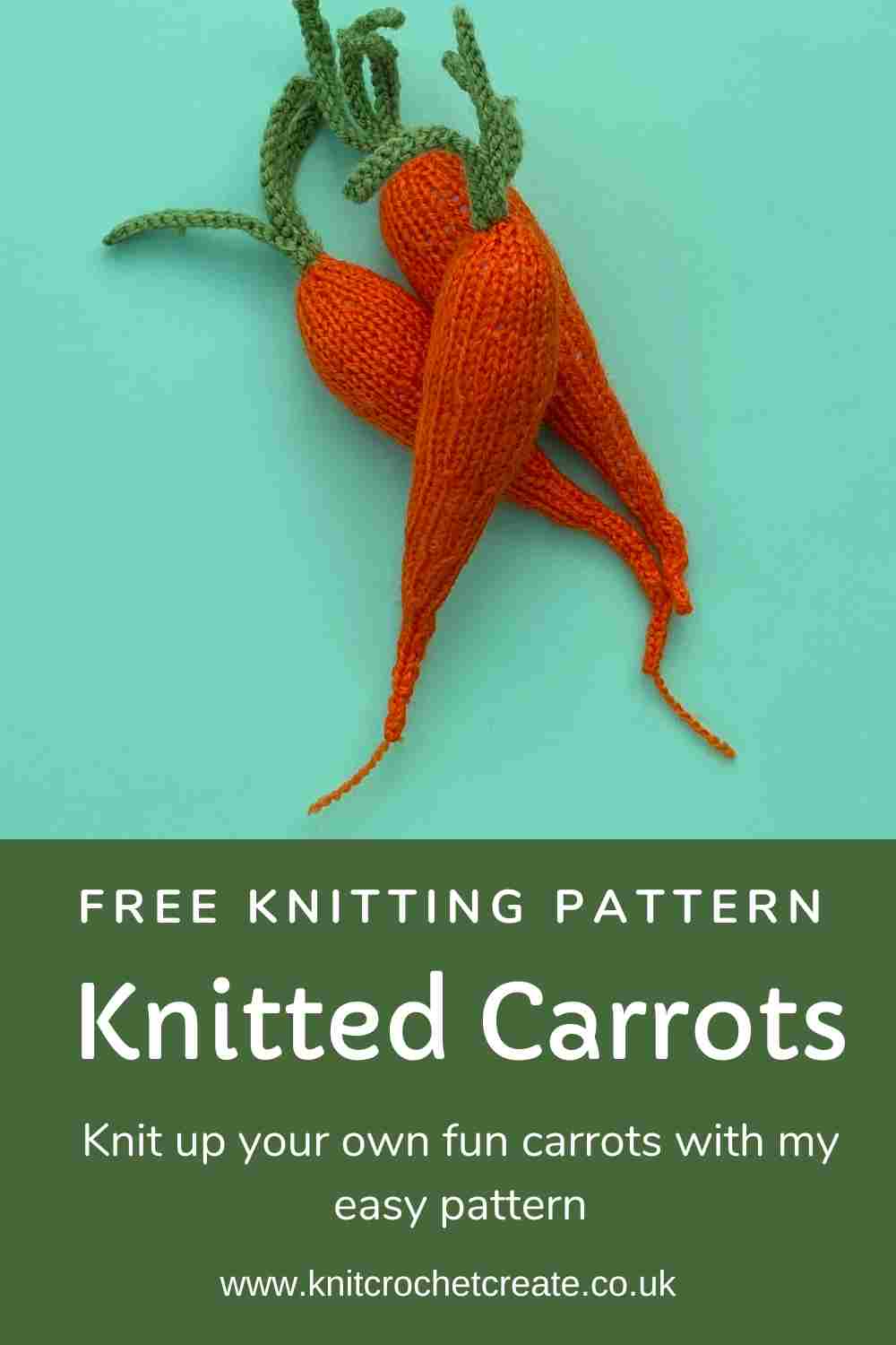 Three knitted carrots with green stalks