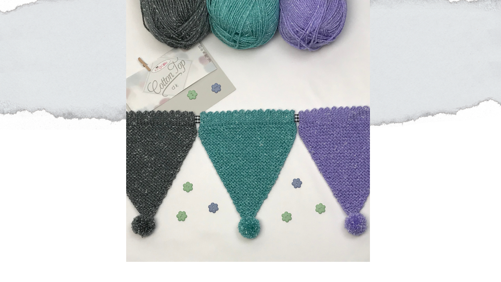 United bunting in garter stitches shown in lilac, green and grey yarn. Knitted from free knitted bunting pattern