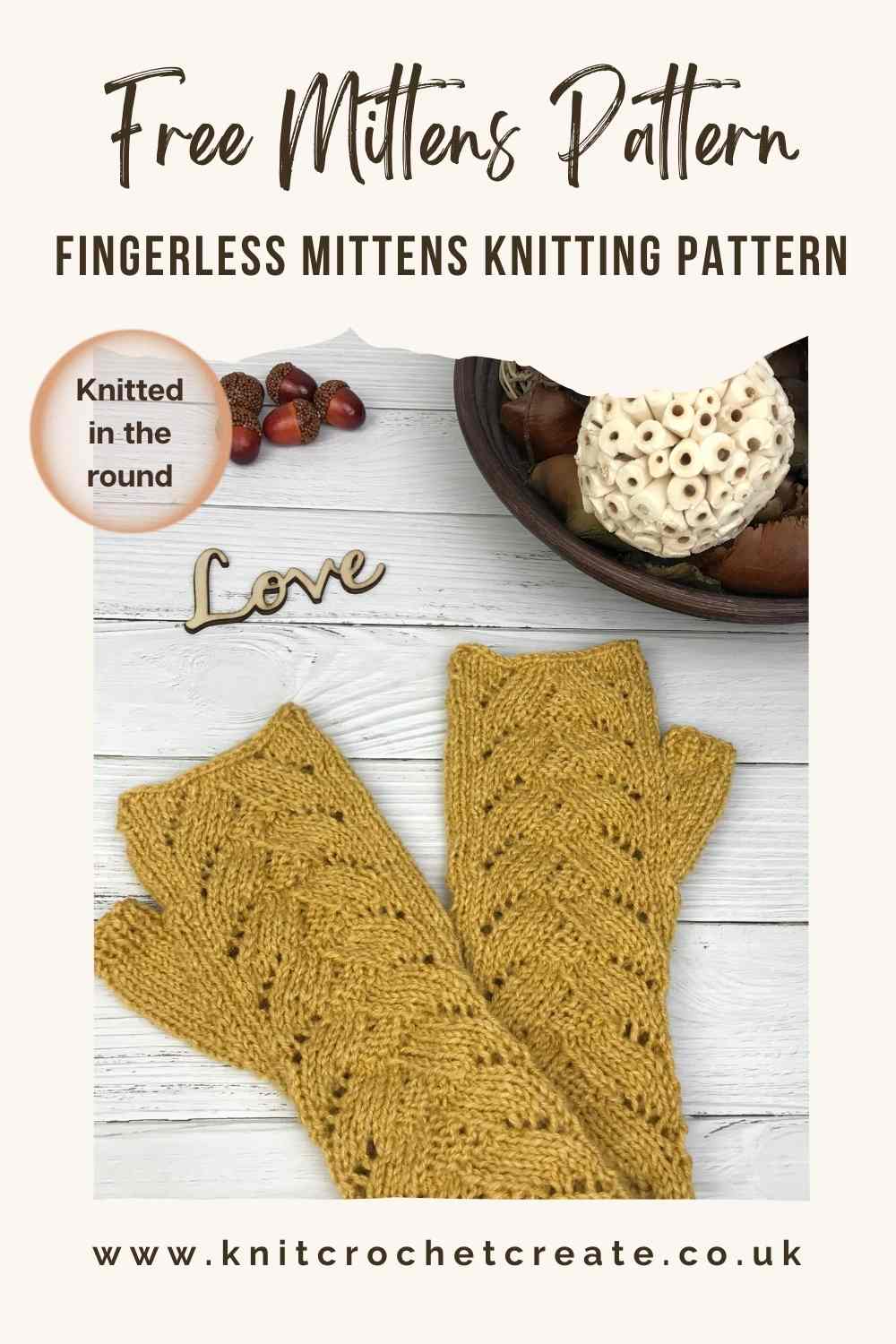 knitted fingerless mittens in mustard yarn showing lace detail
