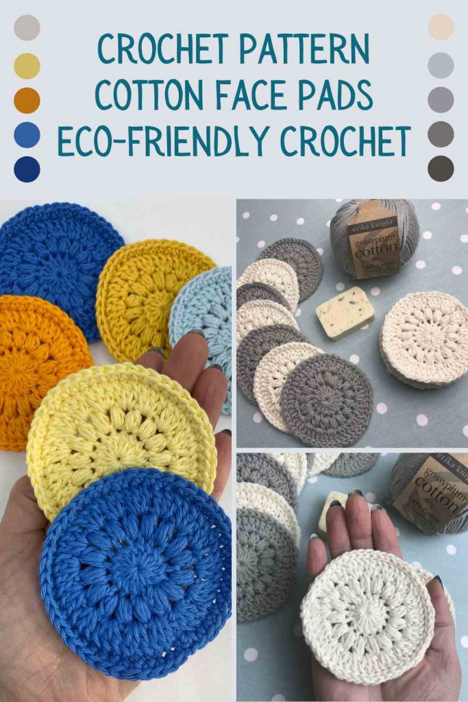 crochet cotton scrubbie cleansing pads, shown in a selection of cotton yarn, made from free crochet scrubbie pattern