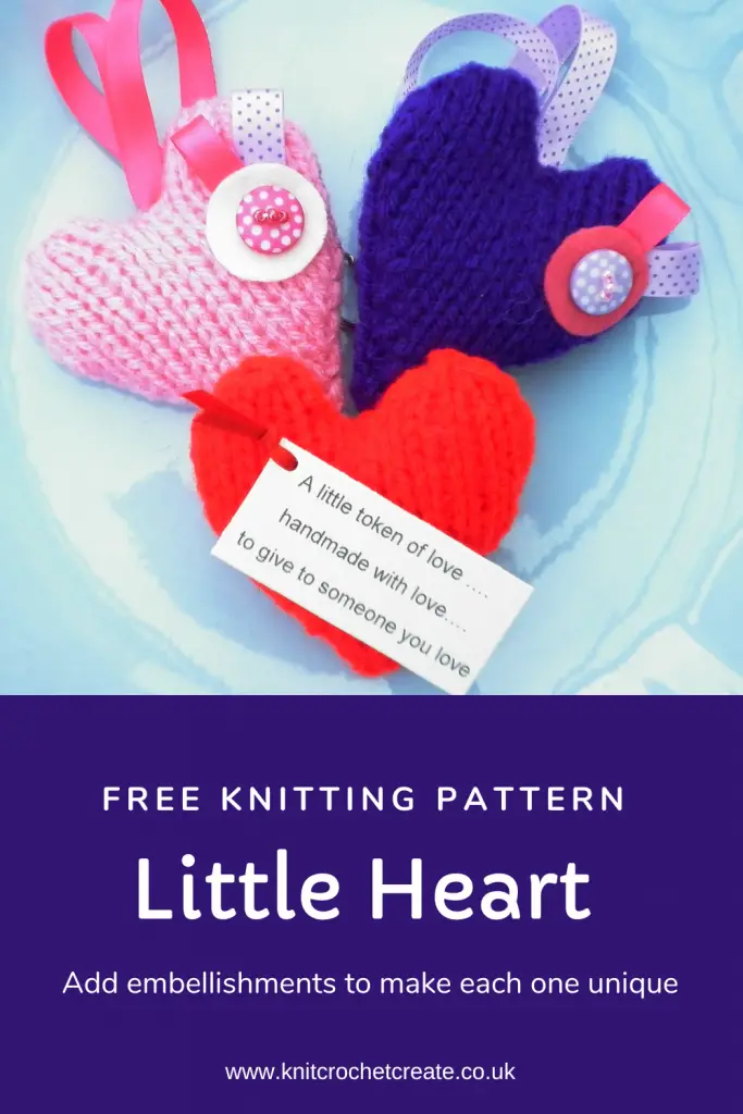 Knitted hearts made from free heart knitting pattern. A personalised message is attached to make it unique and sentimental
