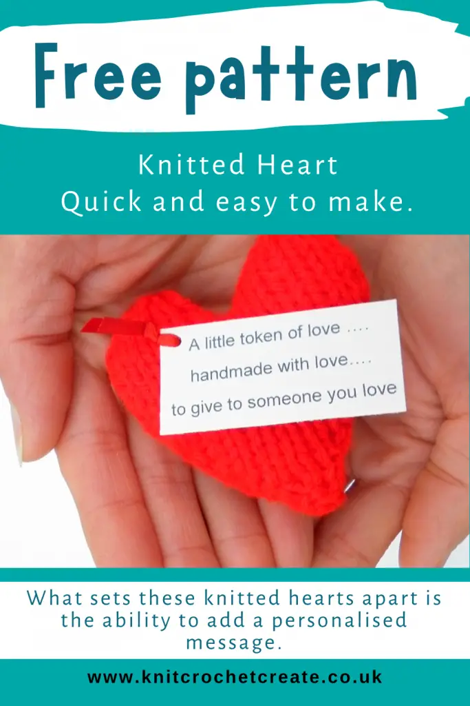 Knitted heart made from free heart knitting pattern. A personalised message is attached to make it unique and sentimental