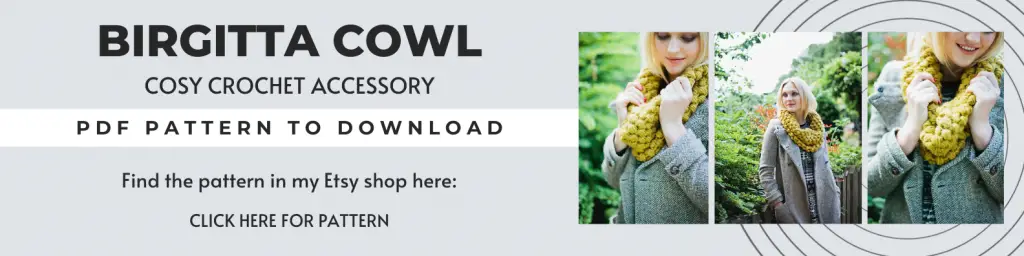 Crochet cowl advert to show mustard cowl on model