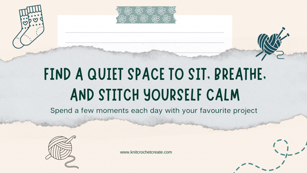 Text image for creating a cosy knitting and crochet space to practice Hygge
