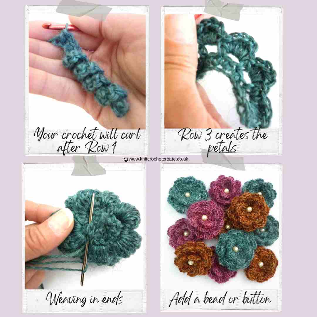 Step-by-step tutorial images for crochet flower pattern