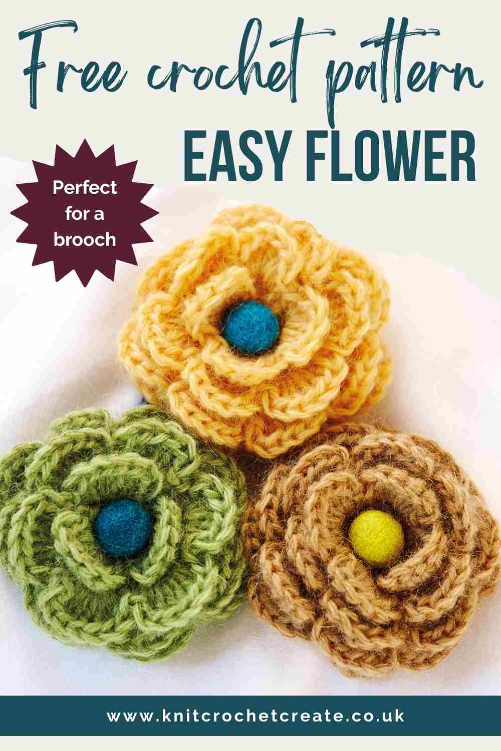 Three crochet flowers with felted bead centres, in pastel shades.