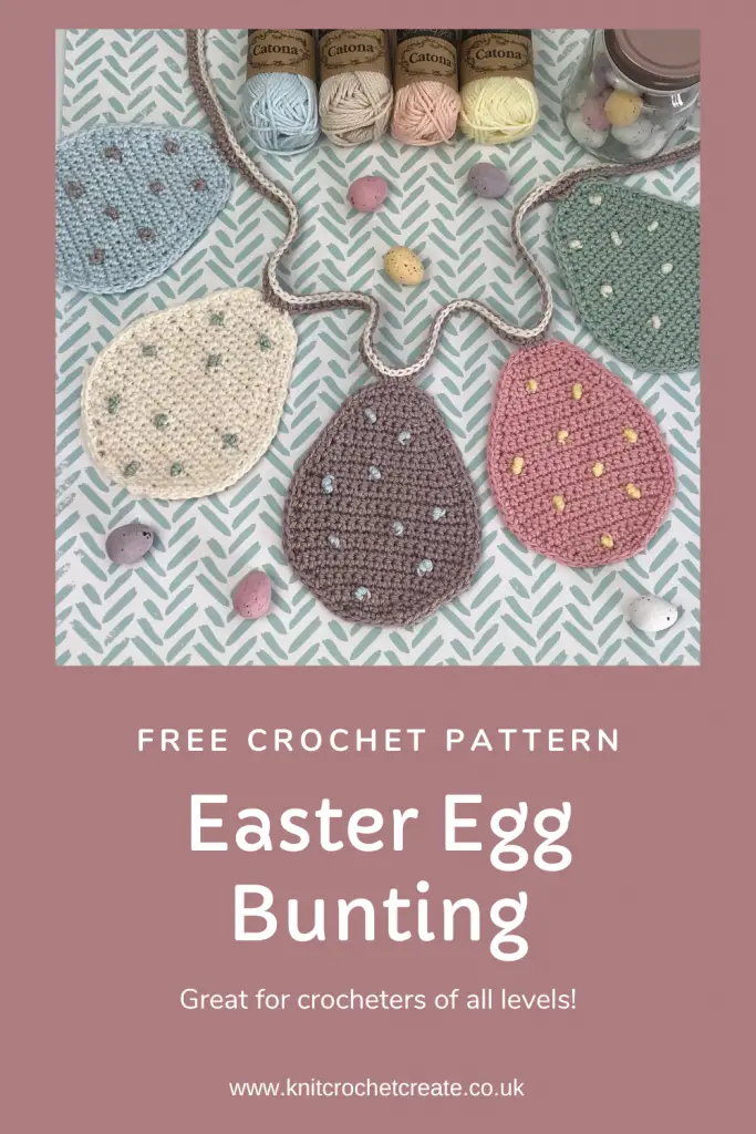 Pinterest pin for easter egg bunting pattern free crochet pattern showing easter egg motifs alongside scattered mini eggs