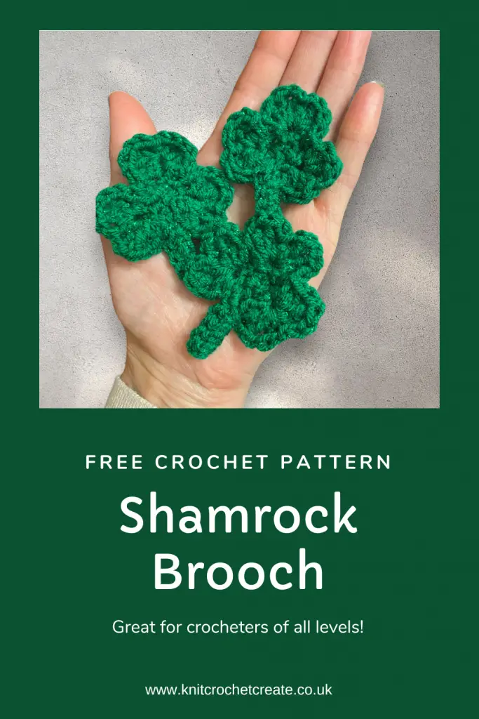 3 Crochet shamrocks in a hand. Crocheted with green yarn