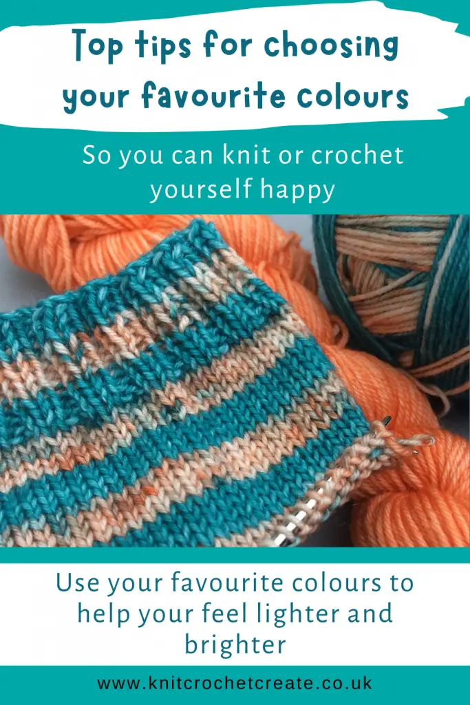 Knitted socks with teal and orange stripes on a short circular knitting needle, with a skein of orange yarn in the background. Top tips for choosing yarn colour combinations.