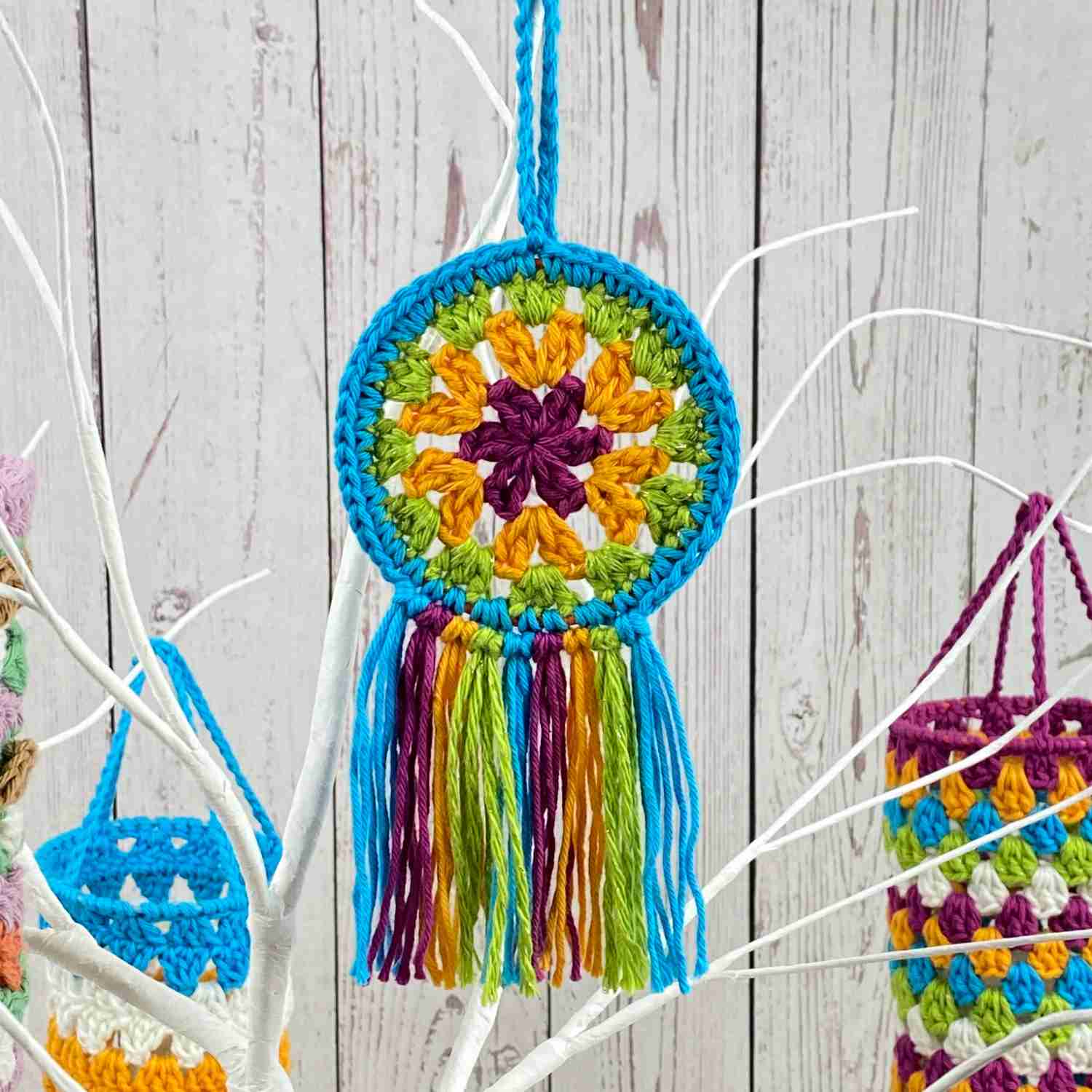 Mini Mandala Hoop Pattern, finished crochet hoop, made with colourful cotton yarn stash oddments.