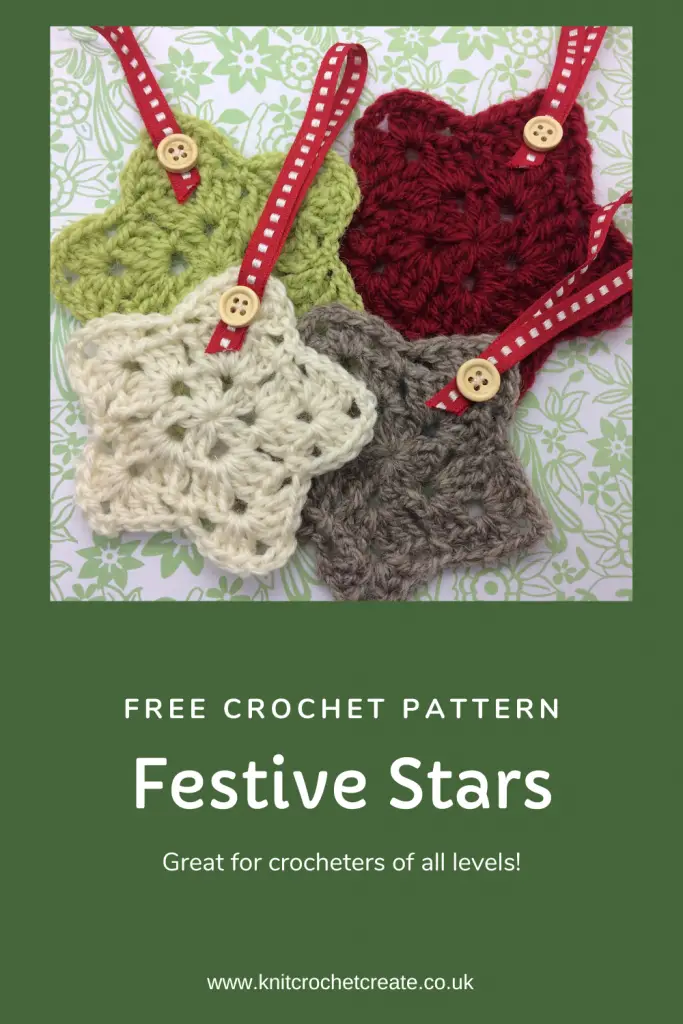 Pin image for free crochet stars pattern showing 4 finished starts with hanging ribbon loop