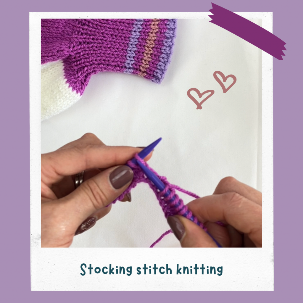 Stocking stitch knitting showing how to knit a square