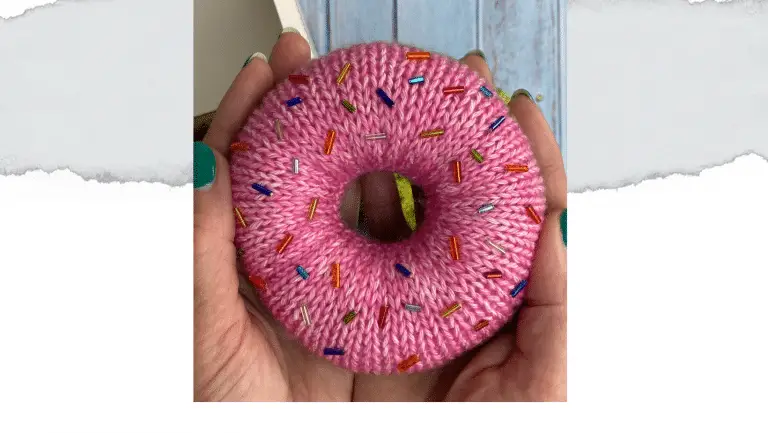 Header for blog post showing a knitted donut in pink yarn with colourful sprinkles