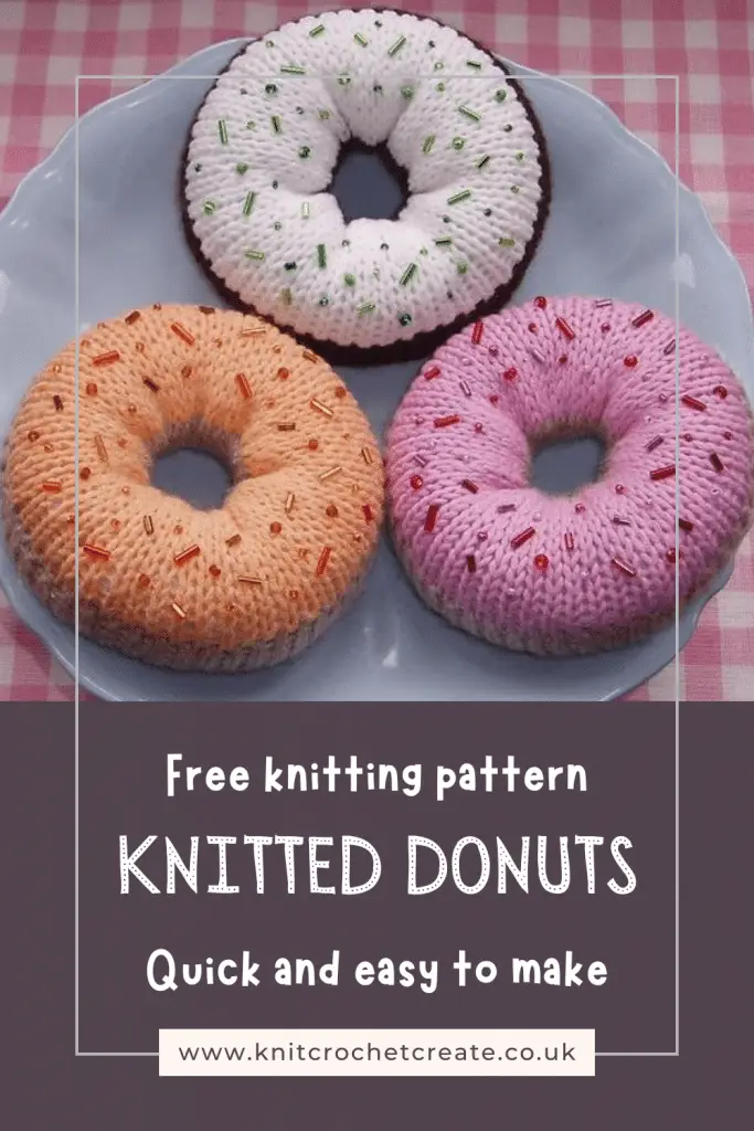 Three knitted donuts with bead sprinkles, made from free knitted donut pattern