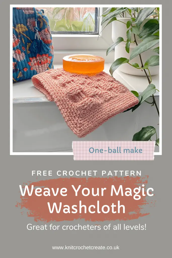 Pinterest pin showing a peach washcloth made from free crochet washcloth pattern