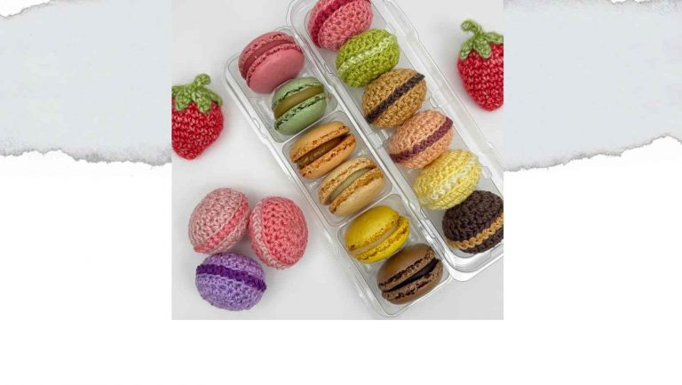 Header image for free crochet macaron pattern post