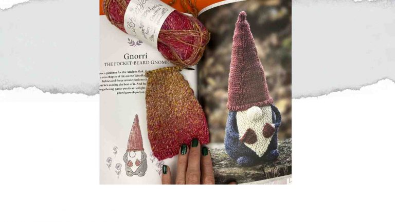 The Gnomes of Grimblewood Header showing part-knitted Gmone Hat