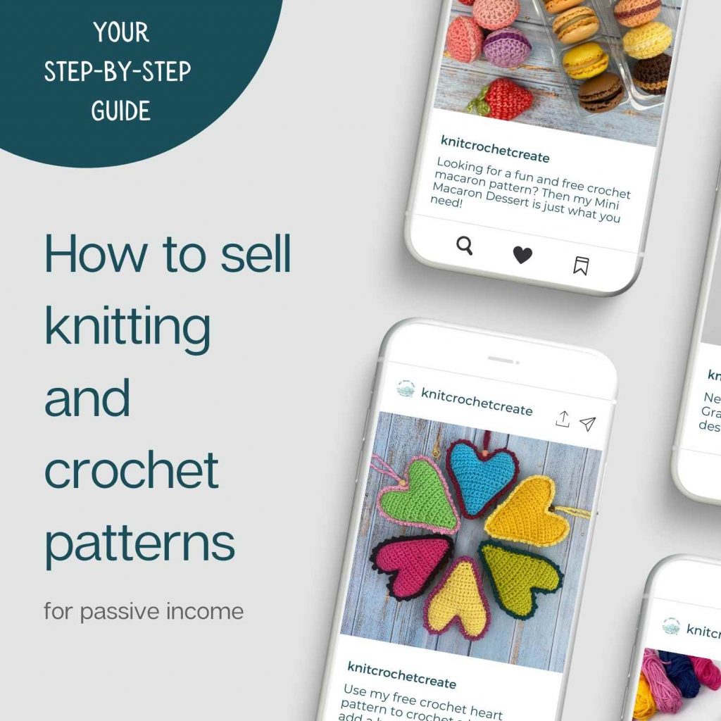 Graphics file showing digital knitting and crochet patterns on a phone screen to show how to sell knitting & crochet patterns