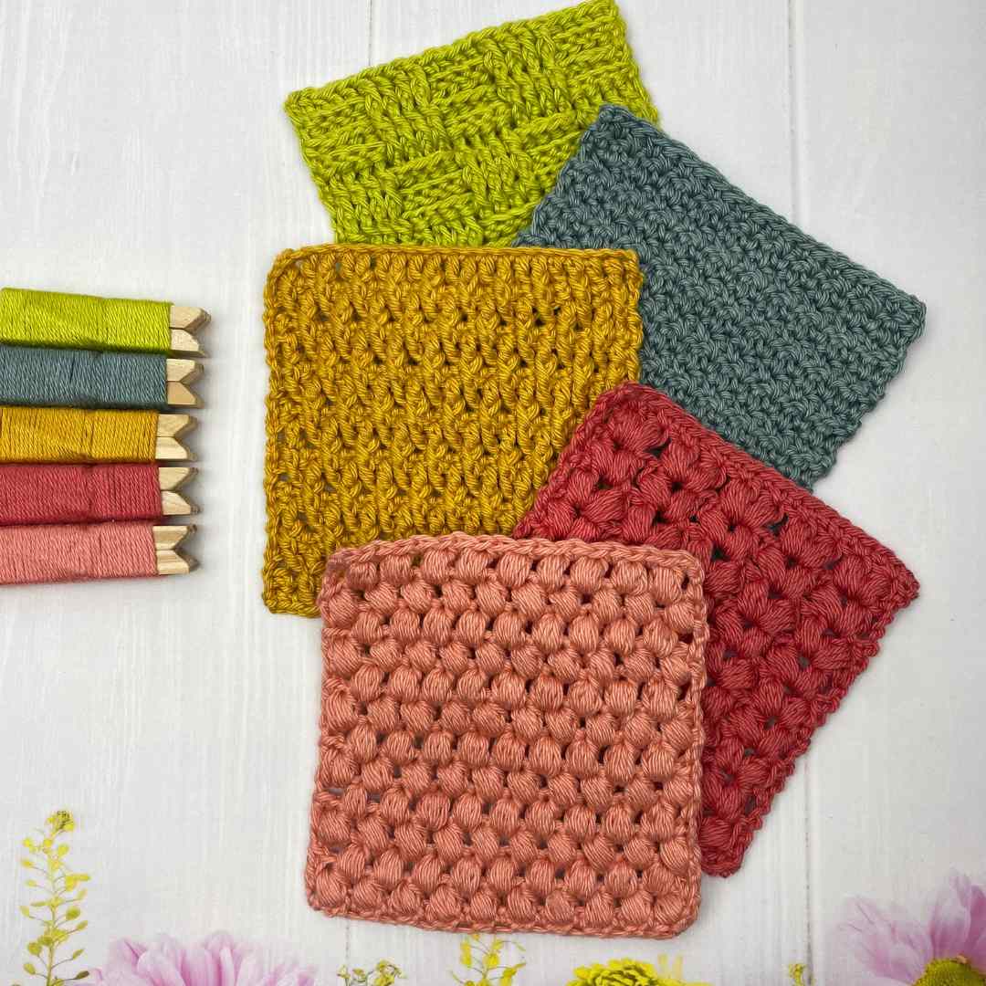 crochet squares showing different stitches and different textures made from Bella-Coco's Crochet Stitch Library.