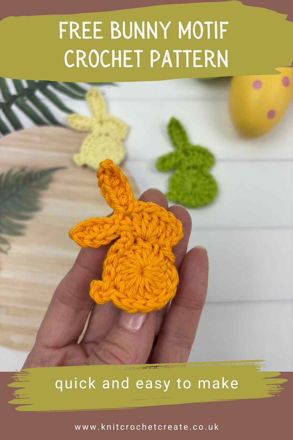 Hand holding a tiny bunny motif crocheted in sunflower yellow yarn.