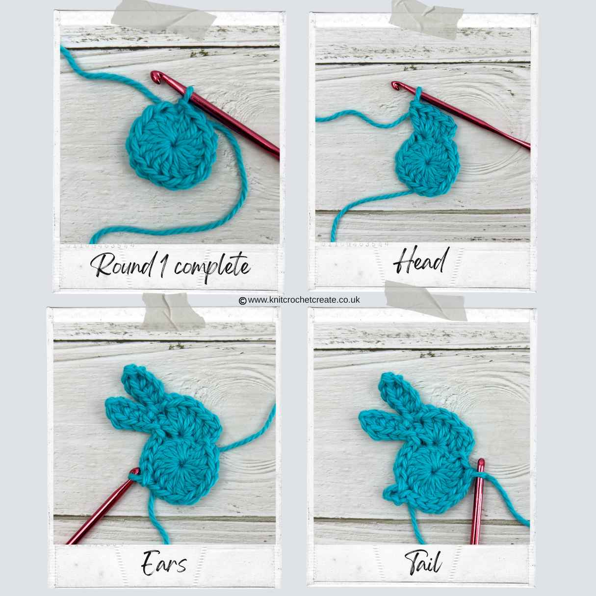 Step tutorial for easy crochet rabbit motif appliqué