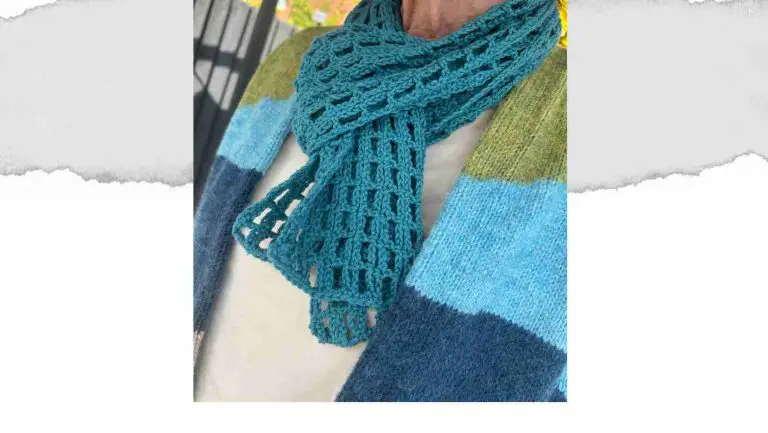 Easy crochet scarf shown in teal blue, worn around neck with matching cardigan.
