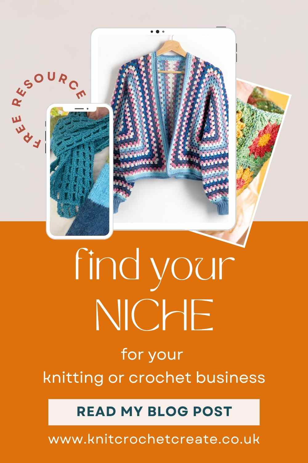 text overlay post: find your niche for your knitting or crochet business, showing images of crochet granny stitch