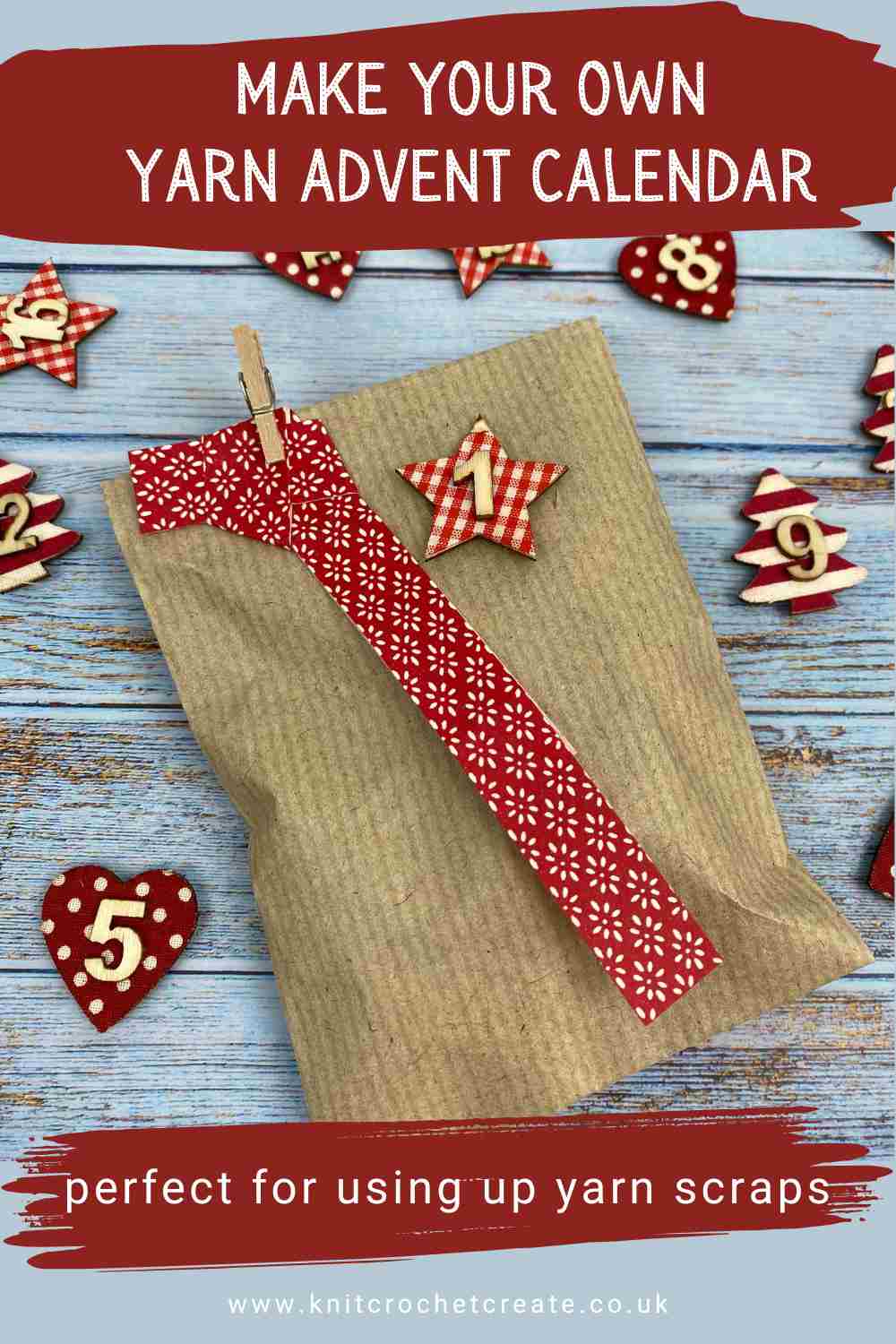 decorated envelope with a red festive number and red paper bow for a yarn advent calendar