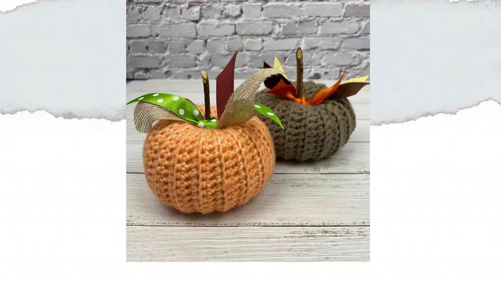 Easy crochet pumpkin pattern header file showing two crochet pumpkins with ribbon leaves