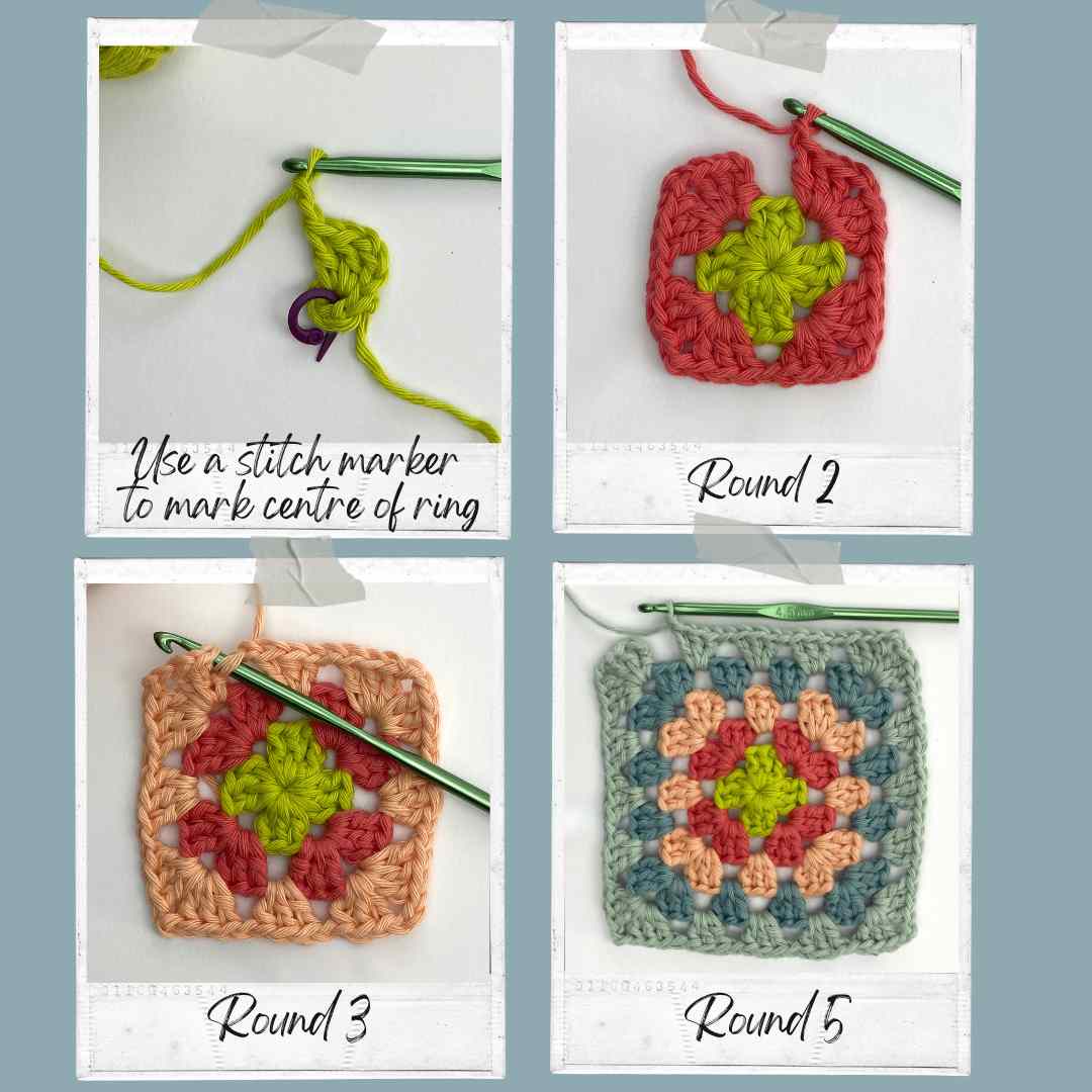 Easy Crochet Granny Square Step images to show Rounds one to four.