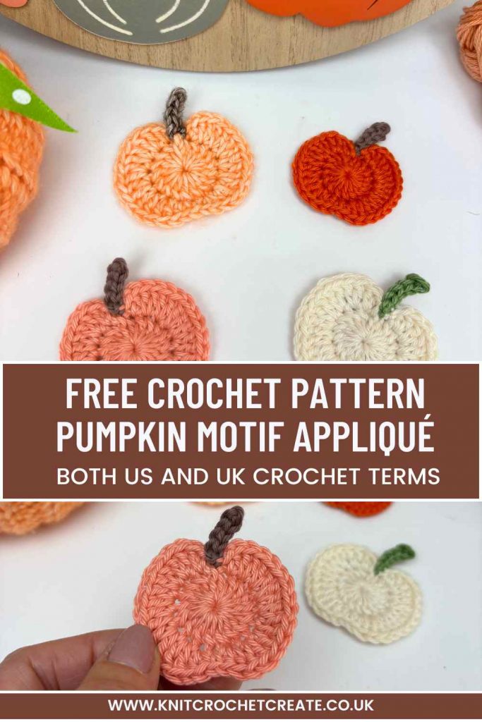 Crochet pumpkin motifs scattered on a table, in shades of orange with brown stalks.