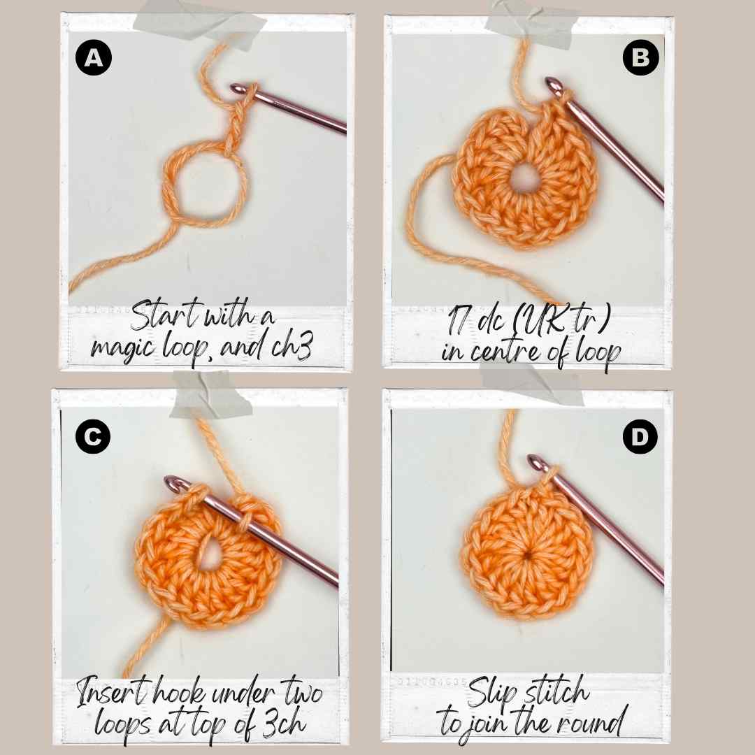 Showing 4 steps of making a crochet pumpkin motif from my free crochet pumpkin pattern