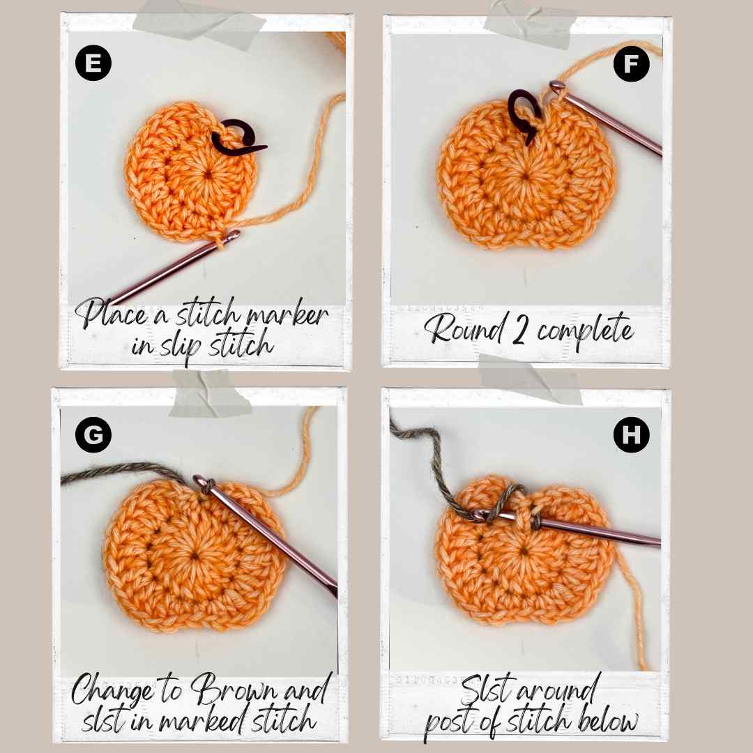 Showing the next 4 steps of making a crochet pumpkin motif from my free crochet pumpkin pattern