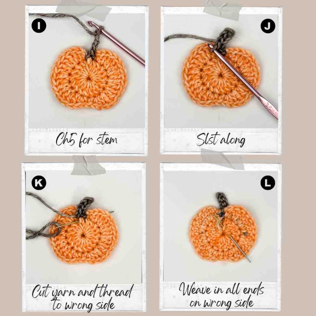 Showing final steps of making a crochet pumpkin motif from my free crochet pumpkin pattern, including weaving in the ends.