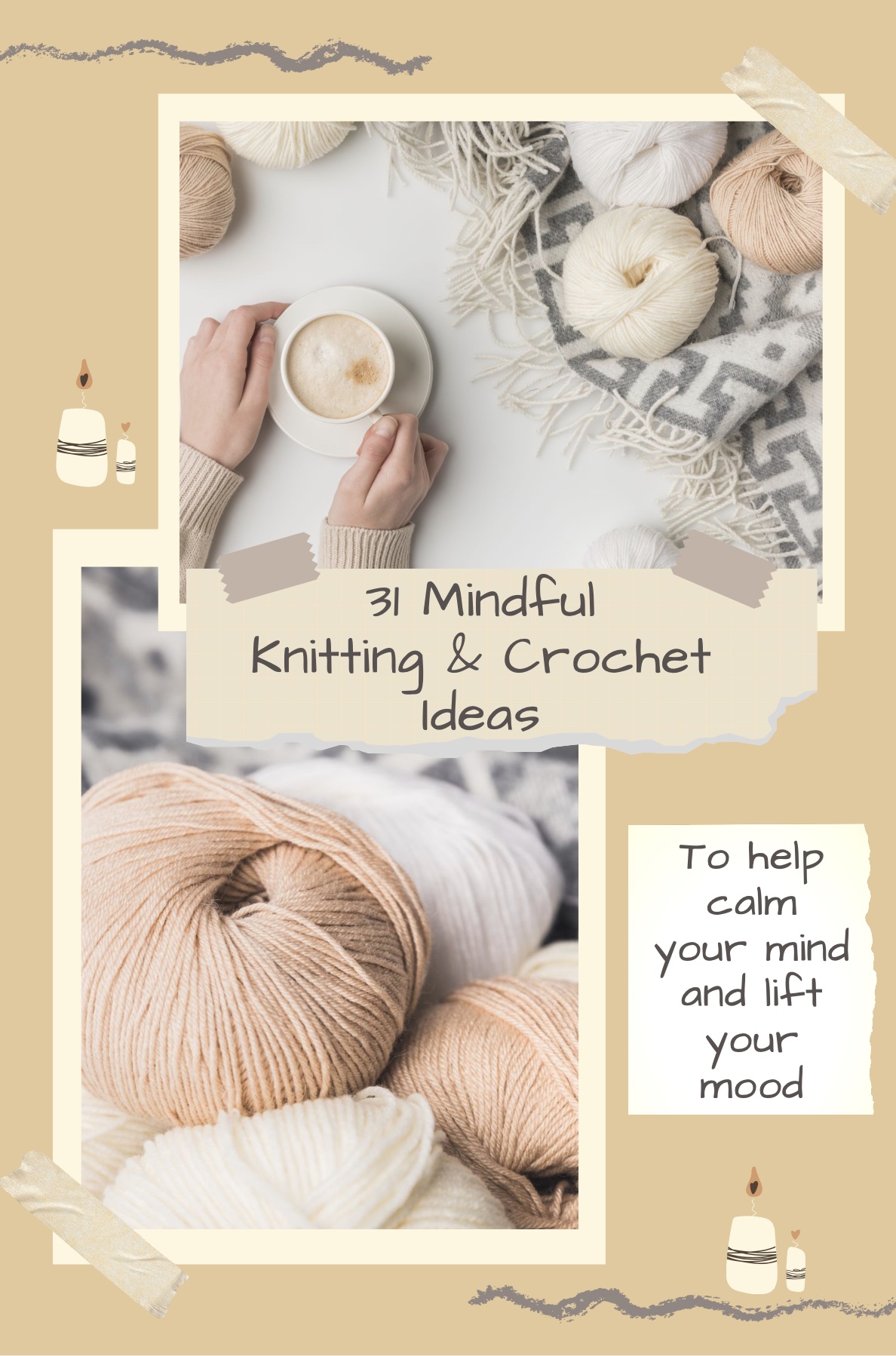Image of cosy yarn and relaxing vibes, with two hands holding coffee cup, for mindful knitting and crochet