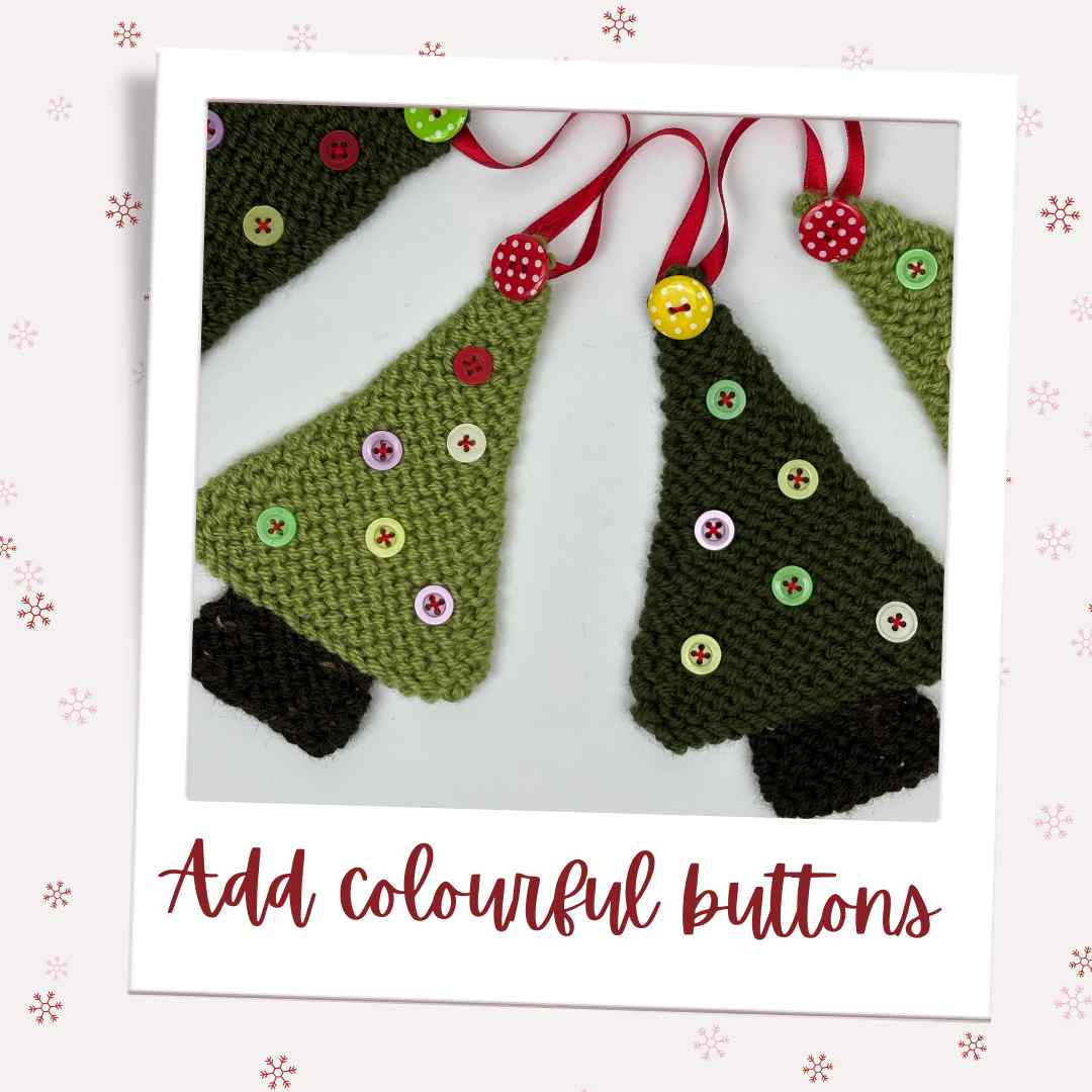 Knitted Tree Garland showing close-up of colourful buttons, made from Christmas Tree Knitting Pattern