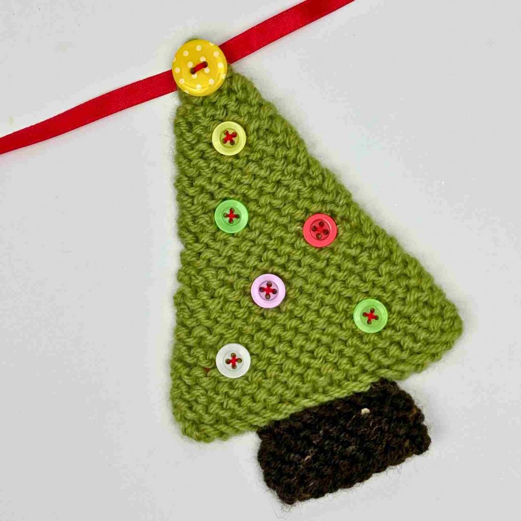 Showing close up of Knitted Tree made from my free Christmas Tree Knitting Pattern