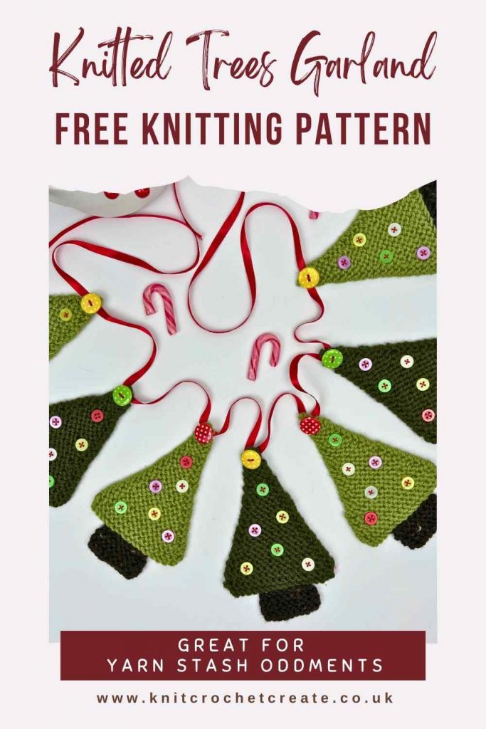 Knitted Trees Garland with shades of green and colourful buttons on a red ribbon