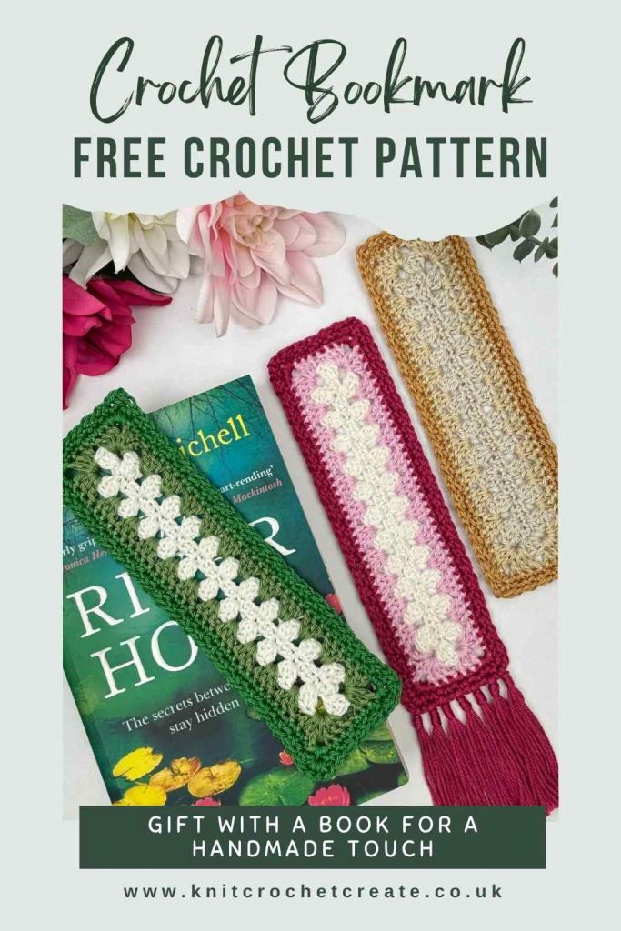 Three Crochet Bookmarks using colour inspiration from a festive colour palette, made from free crochet pattern. One is matching a tree book cover.