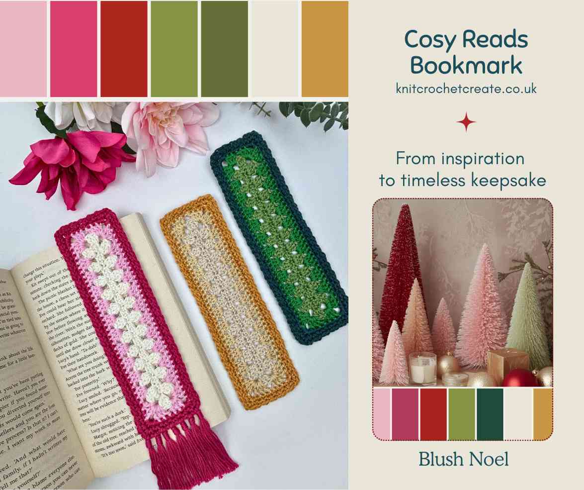 Three Crochet Bookmarks using colour inspiration from a festive colour palette, made from free crochet pattern