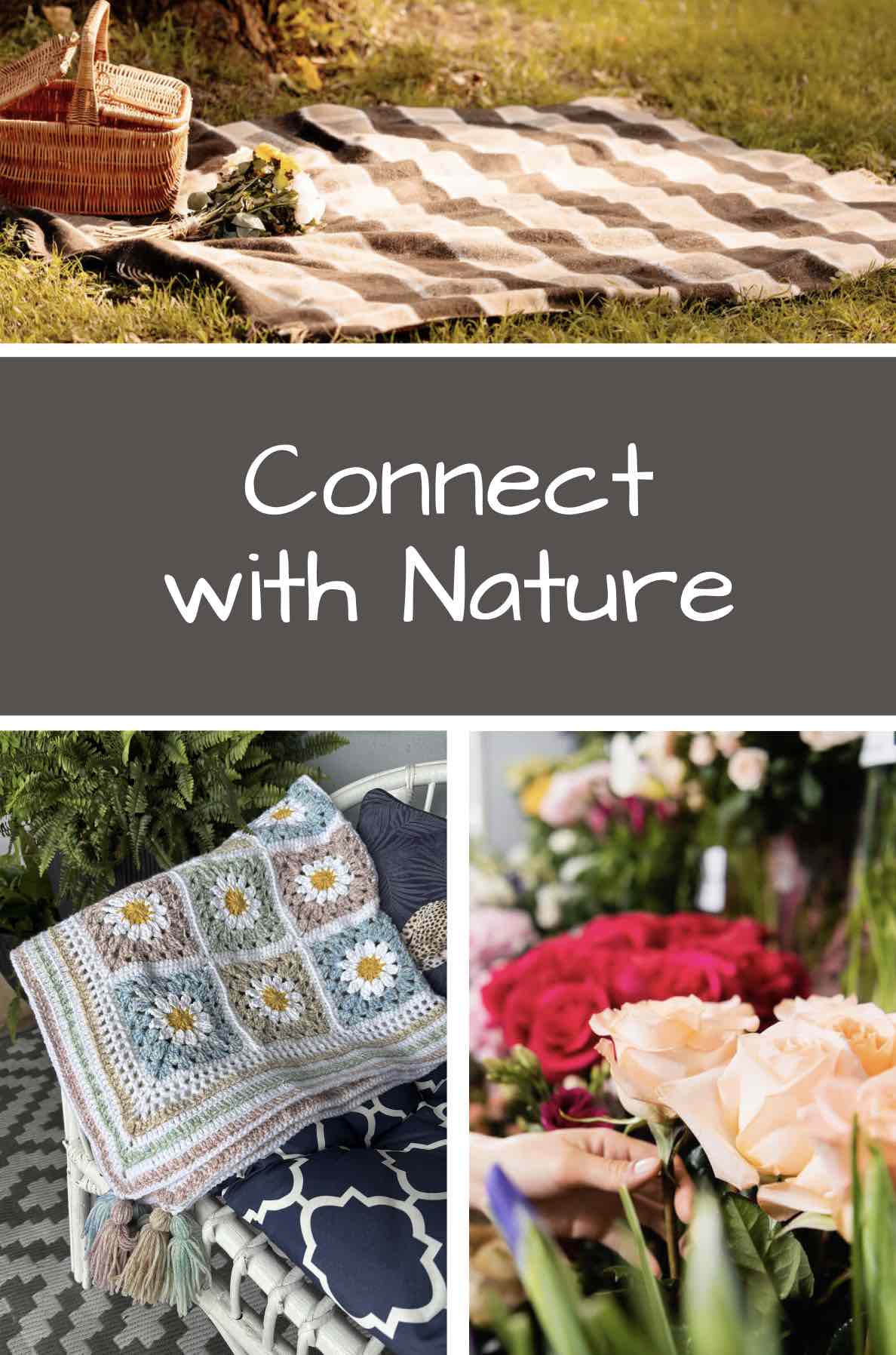 Showing ways to connect with nature for mindful knitting and crochet, cosy blankets outside, picnic, colourful flowers
