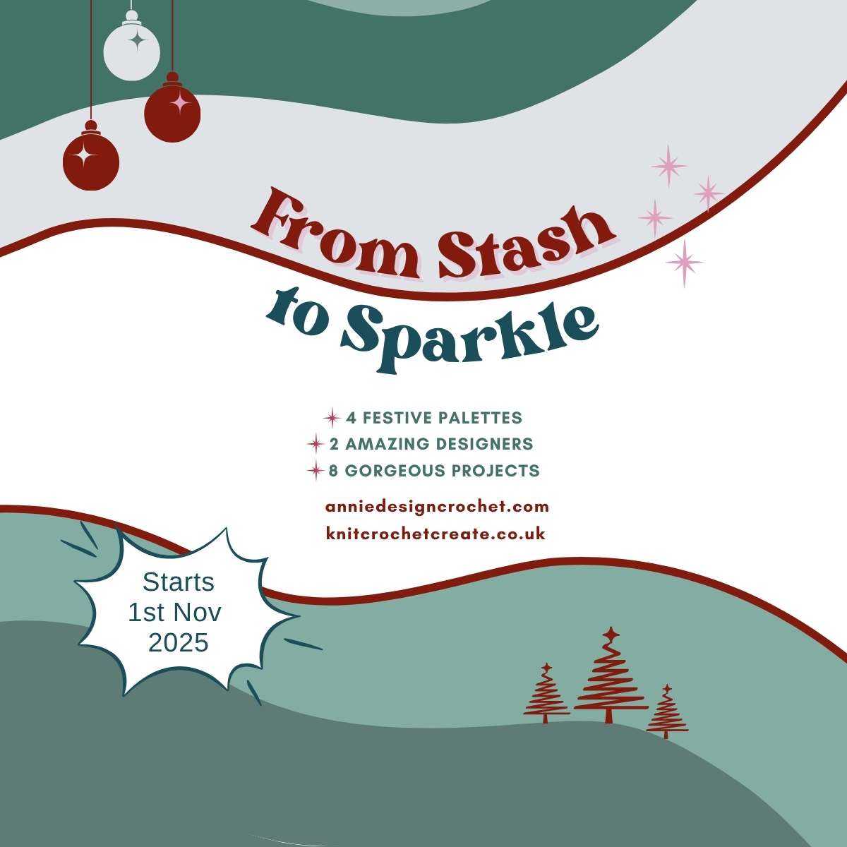 Stash to Sparkle Crochet Along promo image in teal, red, grey and white