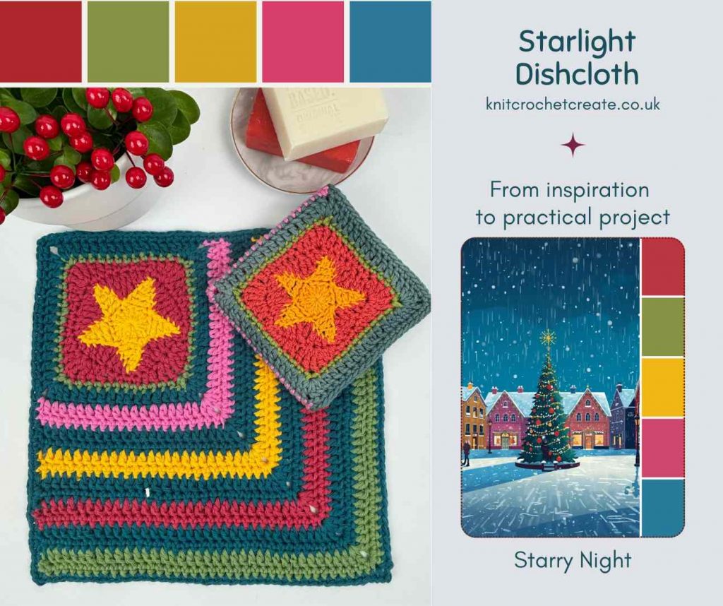 crochet washcloth made from free crochet dishcloth pattern, with a granny square corner featuring a bold yellow star.