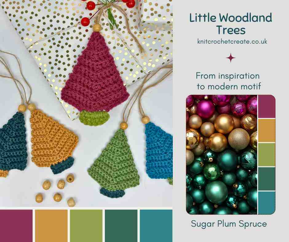 Crochet Christmas Trees in colours inspired by Sugar Plum Spruce 