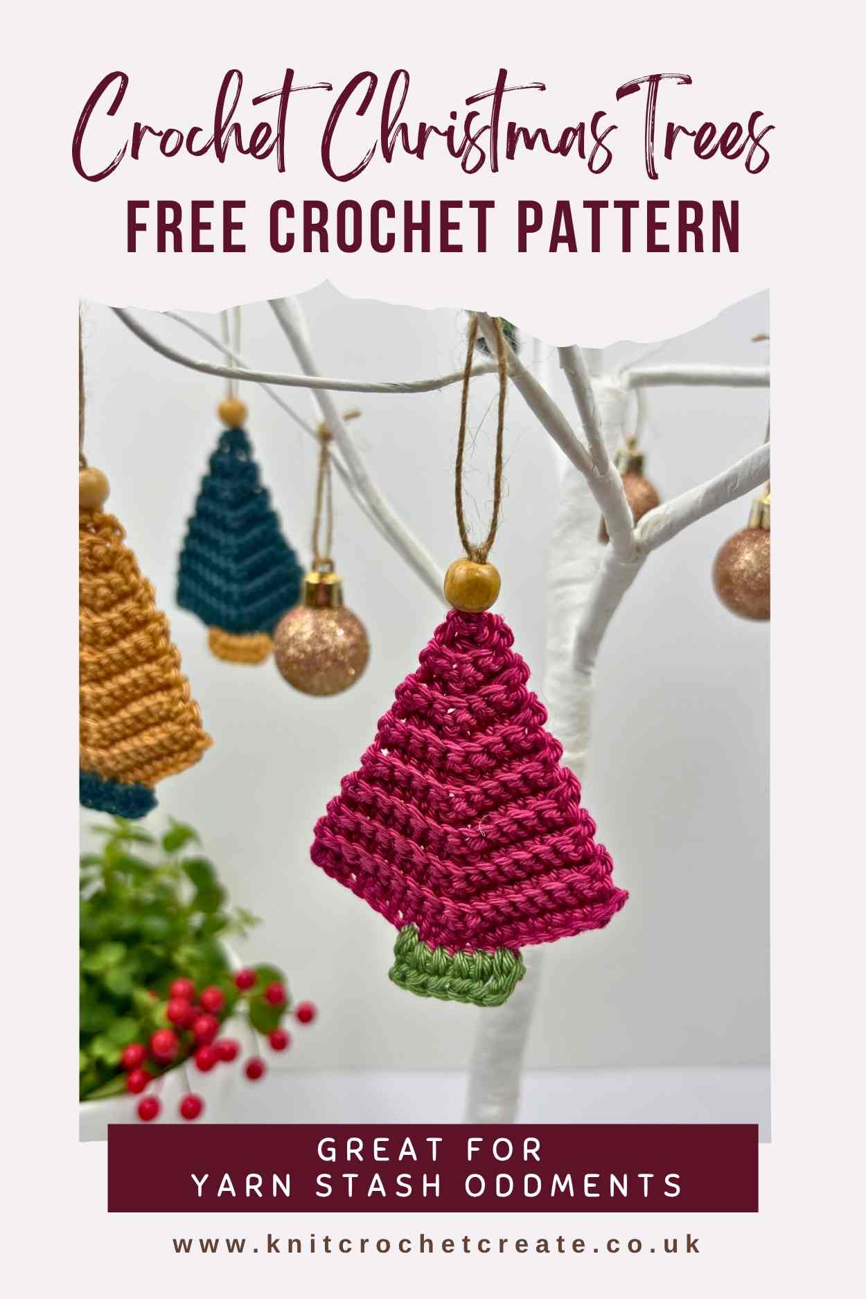 Crochet Christmas Tree hanging decorations with a wooden bead top for a rustic feel. Made from free crochet christmas tree pattern