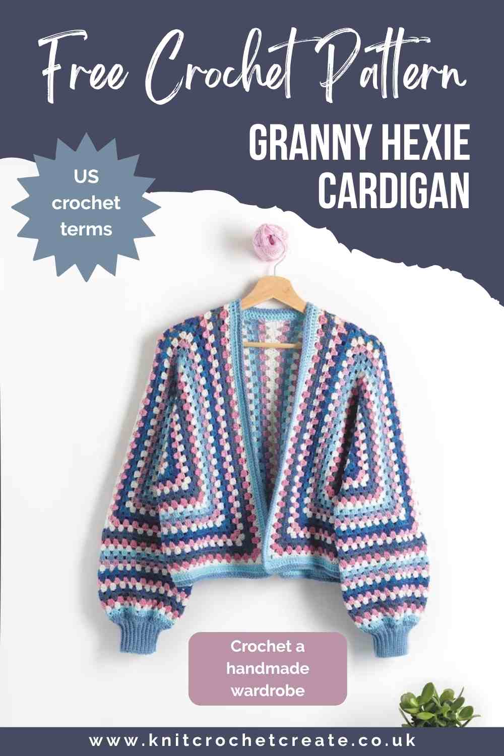 Granny Hexagon Cardigan Image of Crochet Cardigan in Blues, pinks and off white.