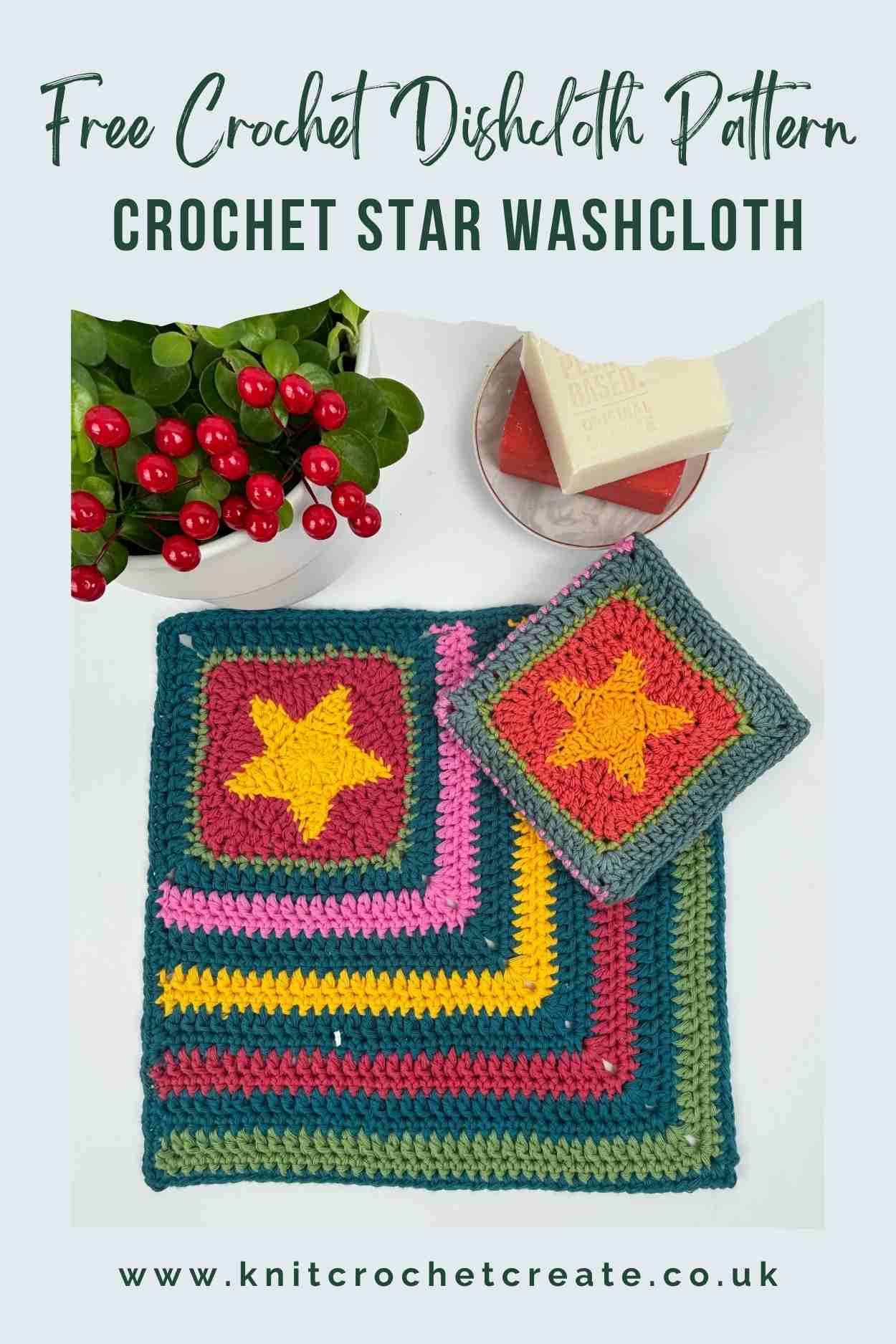 crochet washcloth made from free crochet dishcloth pattern, with a granny square corner featuring a bold yellow star.