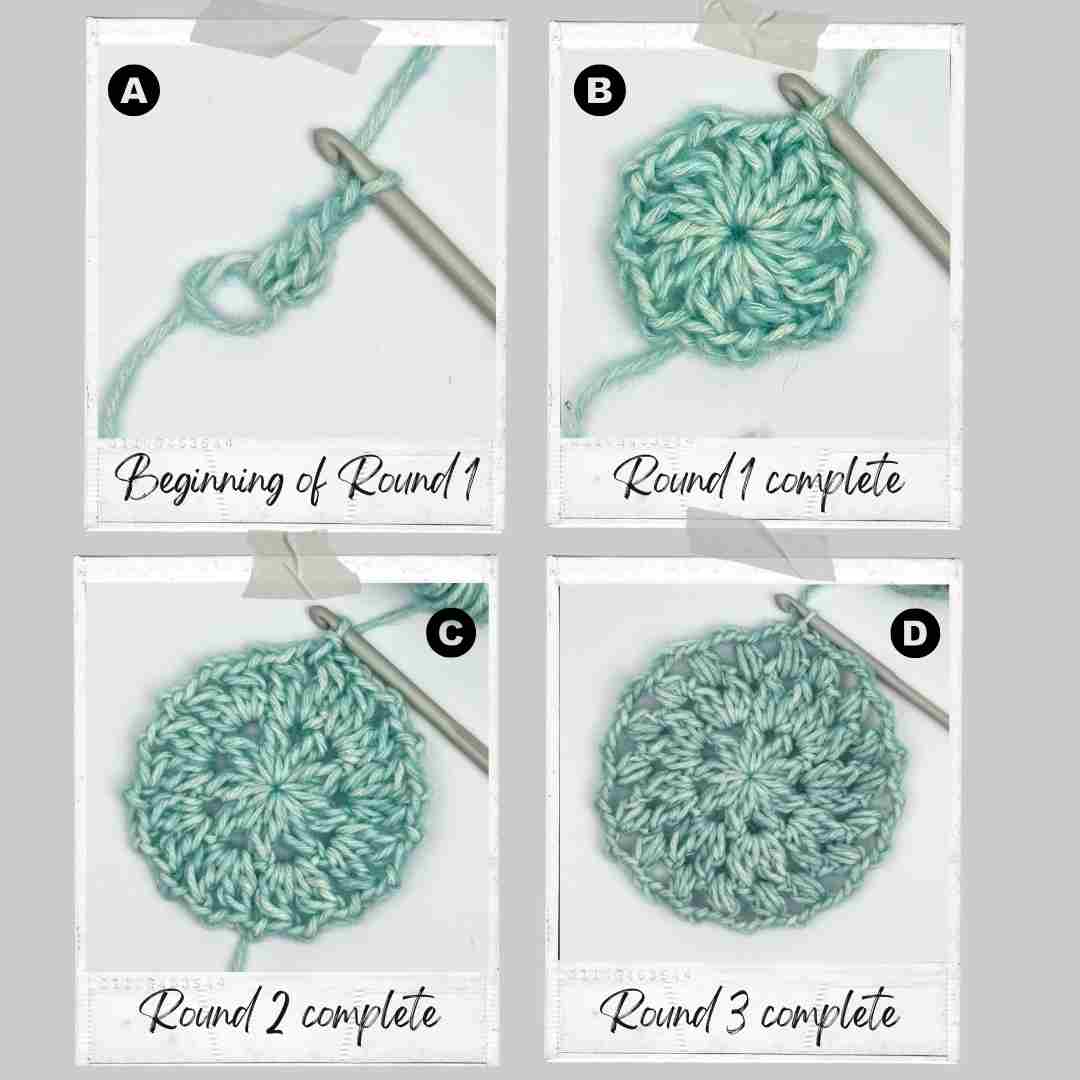 Step tutorial for Free Hexagon Crochet Pattern, rounds 1 to 3. Shown in blue yarn on a white background.