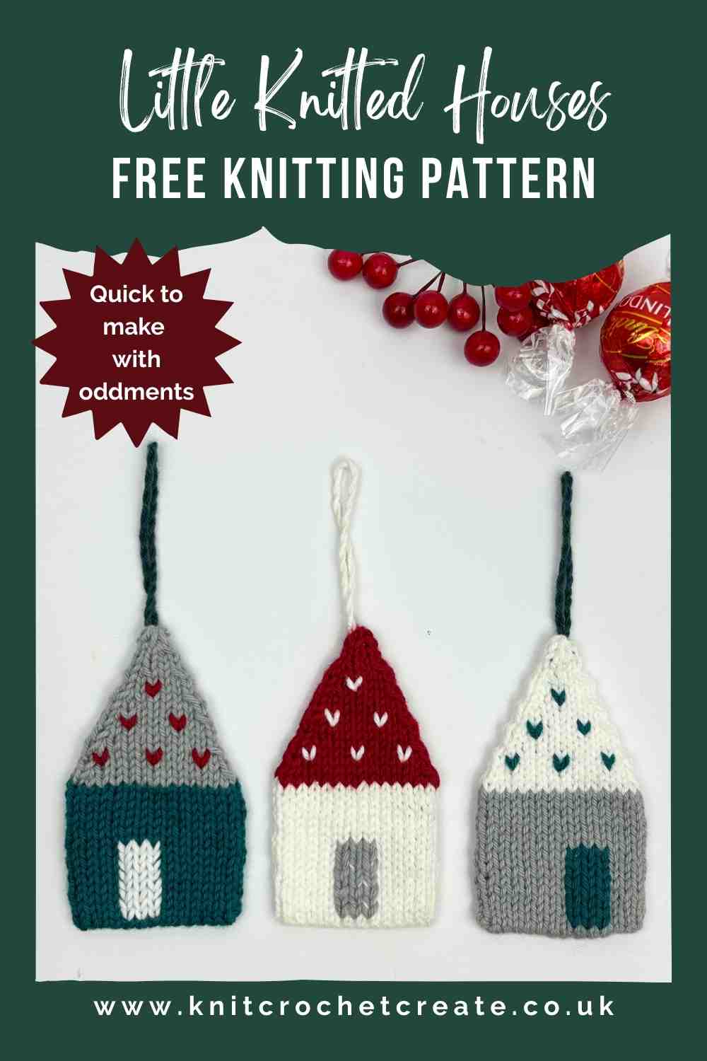 Three knitted houses made from free knitted house pattern. in Teal, White and Grey, with hanging loops.